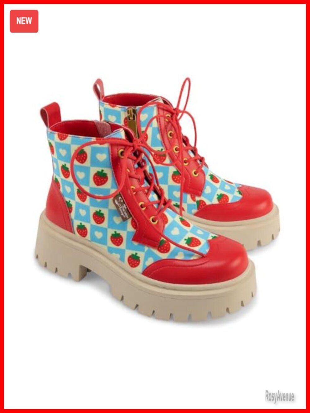 Chunky Ankle Boots with Strawberry Gingham Print